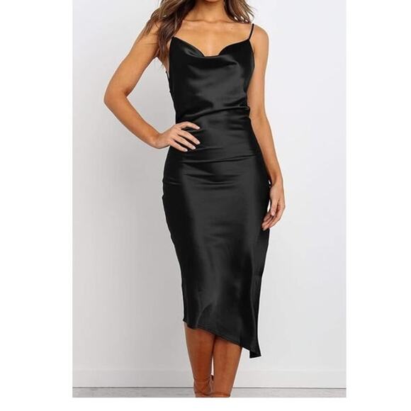 Pretty Garden Women Satin Dress Medium Spaghetti Strap Slit Cowl Neck Midi Black - Picture 1 of 11
